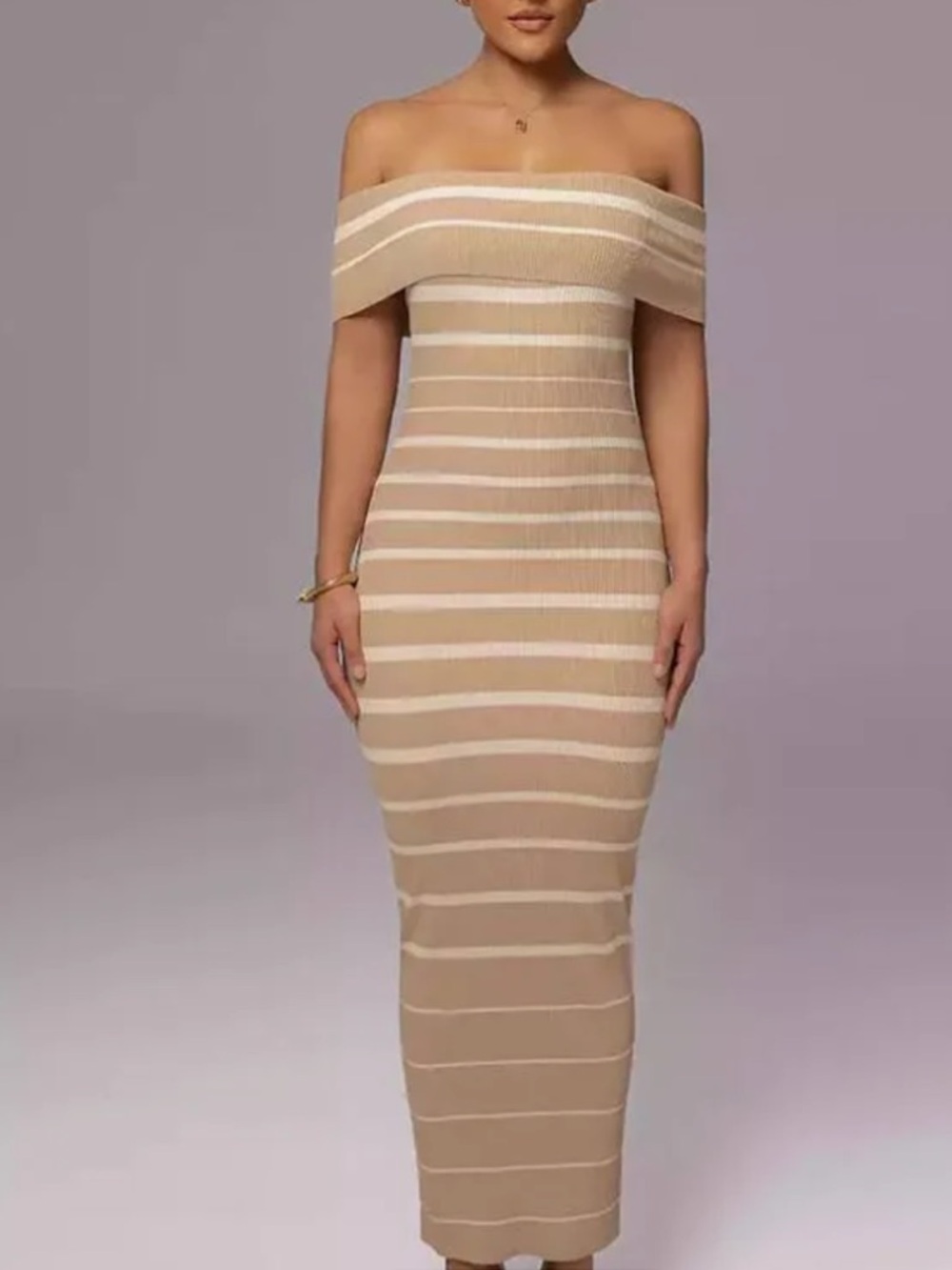 JLUXLABEL Off-the-Shoulder Striped Bodycon Dress in Beige and Cream
